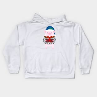 Christmas Pig Holiday Cute Piglet with Gift wearing Blue Santa Hat and Leopard Print Kids Hoodie